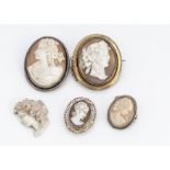 A collection of shell cameos, all in the classical taste, one framed in 9ct gold, 3.5g, two in white