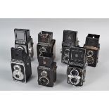 A Tray of TLR Roll Film 6 x 6cm Cameras, comprising Hacoflex, Halina-Prefect, Lubitel 2, Semflex
