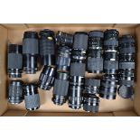 A Tray of Zoom Lenses, various focal lenths and mounts, manufacturers include Praktica, Tamron,