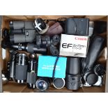 A Tray of Lenses and Binoculars, brands of lenses include Canon, Hoya, Miranda, Mitsuki, Optomax,