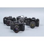 Four SLR Cameras, a Ricoh KR-10, shutter working, meter responsive, body G-VG, with 50mm f/2 XR