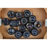 A Tray of Prime lenses, various mounts and focal lengths, manufacturers include Minolta, Tamron,