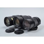 Three Olympus OM-System Zuiko Auto-Zoom Lenses, a 65-200mm f/4 lens, serial no 124305, F-G, slight