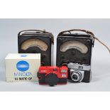 Cameras and Avo Meters, a red 35mm Minolta Hi-Matic GF viewfinder camera, in makers box, a