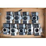 A Tray of Eastern Bloc SLR Camera Bodies, a Zorki-4, Praktica Super TL, Super TL1000, MTL 3 (2),