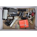 Microscope Related Parts including a prism, 49mm tall, eyepiece lenses, various glass slides and