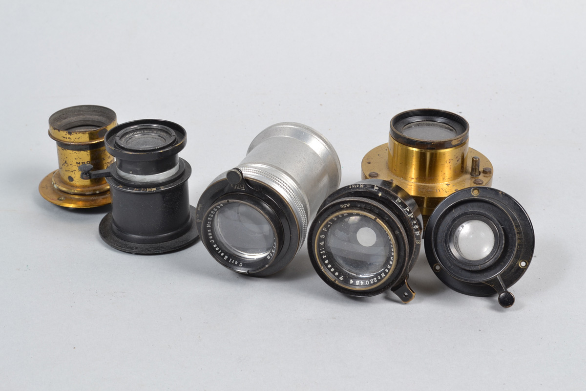 A Collection of Vintage Camera Lenses, including a Rouch 5 x 4 Instantanous Doublet, Carl Zeiss Jena