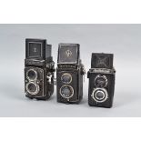 Three TLR Cameras, a Rolleicord 1a, Yashica Mat and a Lubitel, all cased, AF