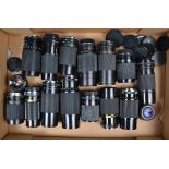 A Tray of Zoom Lenses, manufacturers include Tokina, Sirus, Vivitar and other examples