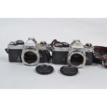A Nikon FE2 and a Nikon FE SLR Bodies, FE2 serial no 2408954, body F, top plate dirt, shutter