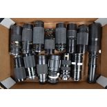A Tray of Zoom Lenses, various focal lenths and mounts, manufacturers include Tamron, Soligor,