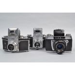 Three Ihagee Cameras, a Kine Exakter 1946, shutter sometimes sticking, body G, some brassing, with