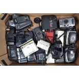 A Tray of Compact Cameras, including a white Minox 35 AL, missing clip to bottom of lens door, in