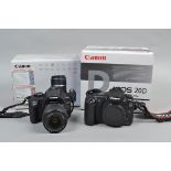 A Canon EOS 20D DSLR Body and a Canon EOS 350D DSLR Kit, 20D body, serial no 0520327665, powers