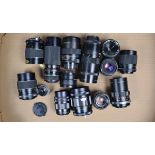 A Tray of Prime lenses, manufacturers include Mamiya-Sekor, Pentacon, Optomax, Prinzgalaxy,