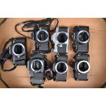 A Tray of Pentax Camera Bodies, a Pentax P30, A3, MV, MV1, Super A (2) and a MG, AF