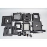Cambo and Toyo monorail camera parts, a Cambo SC 5 x 4 front, with lens board, bellows, 5 x 4