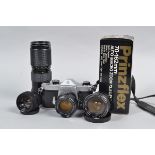 An Asahi Pentax SP1000 SLR Camera and Lenses, serial no 5827158, body F-G, signs of corrosion around