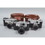 Three Corfield Periflex Cameras, a Periflex Gold Star, shutter sluggish on slow speeds, stays open