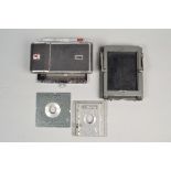 De Vere Mono rail Camera Parts, a rotatable 9 x 9cm Polariod back, 6¼ x 4¾in back, with dark