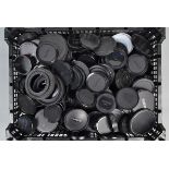A Tray of lens caps, front,rear and body caps, makers include Canon, Olympus, Minolta and other