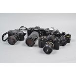 Five SLR Cameras, a Canon F1, with 24mm f/2.8 FD lens, (battery fault), Pentax MX, with Kiron 28mm