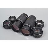 Pentax K Mount Lenses, a SMC-M 28mm f/2.8 lens, a SMC-A 50m f/1.7 lens, two SMC-M 50mm f/2 lenses