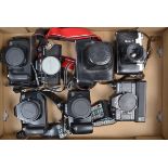 A Tray of SLR Camera Bodies, a Canon EOS 100. two EOS 650, two Praktica B100 electronic. One with