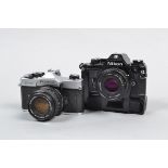 Two SLR Cameras, a Nikon EM, shutter working, meter responsive, with series E 50mm f/1.8 lens,