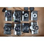 A Tray of Eastern Bloc Cameras a Cosmic 35, a Cosmic Symbol, a Snena 8M, a Zenit 3M, with Helios-