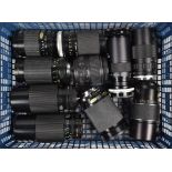 A Tray of Tele Zoom Lenses, brands include Canon FDn (2), Chinon (prime lens), Exakta (Japan), Nikon