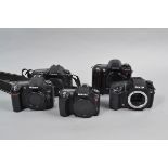 A Tray of DSLR Bodies, comprising a Nikon D80, a Canon EOS 10D, a Fujifilm Finepix S2 Pro, a