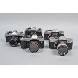 Five SLR Cameras, a Petri Flex V, with 55mm f/2 lens, Peri Flex V3 with 55mm f/1.8 lens Konica FT-