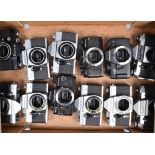 A Tray of Praktica Camera Bodies, a Pratica BC 1, B 100, BX 20, LLC, LTL, LTL 3, MTL 5B, PLC 2 (