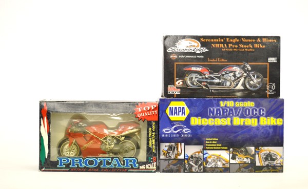 Two 1:9 scale motorcycle models, comprising a Screaming Eagle Harley Davidson, Protar Ducati 916