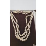 A three strand graduated knotted strung cultured pearl necklace, on a ruby, diamond and white gold