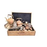 A quantity of metalware, including a silver plated oval tray, various jelly moulds, pewter tankards,