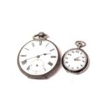 Two continental white metal open faced fob watches, one with checker niello work back, white face