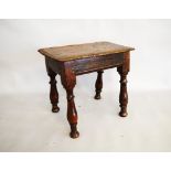 17th Century Oak Stool, Rectangular moulded top on four turned tapered supports. 44cm wide x 40cm