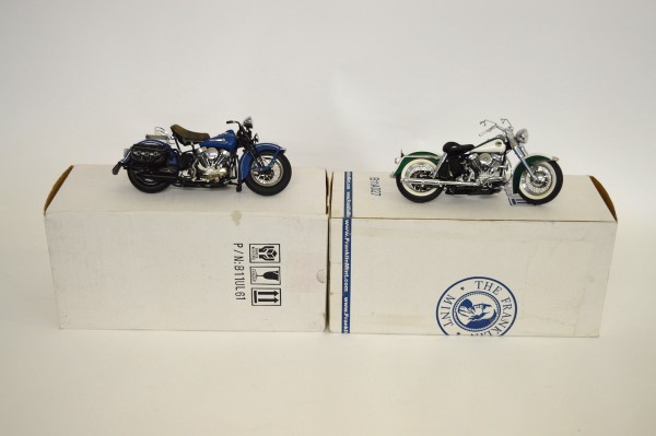 Two boxed Franklin Mint motorcycle models, 1958 Harley Davidson Duo Glide and 1948 Harley Davidson