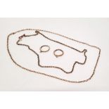 A 9ct gold belcher link chain with snap clasp, 58cm, another oval linked example with barrel