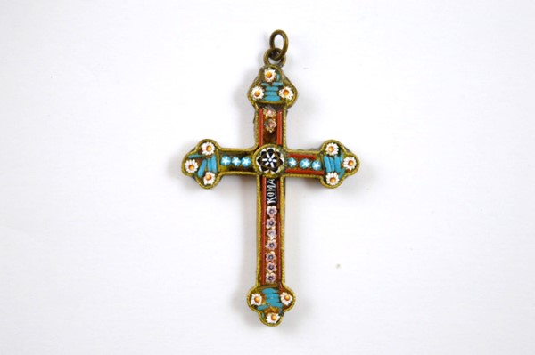 A 19th Century Roma marked micro mosaic cross pendant, on base metal mount, 4.5cm x 3cm