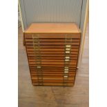 A teak and plywood twenty drawer document/plan chest, 56cm wide x 74cm high x 34cm deep