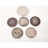 Six United States of America silver one dollars, Morgan head dated 1890, 1890 New Orleans Mint,
