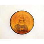 An early 19th Century circular Queen Caroline of England papier mache snuff box, with etching of