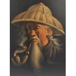 20th Century, print, a pair of elderly men smoking pipe signed Pong, 45cm x 32cm together with the