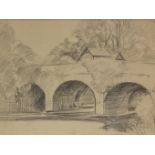 Winifred Francis (British 1915-2009), pencil on paper drawing of arched bridge over water, 15cm x