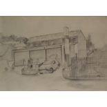 Winifred Francis (British 1915-2009), pencil on paper drawing of petrol station, Builth Wells,