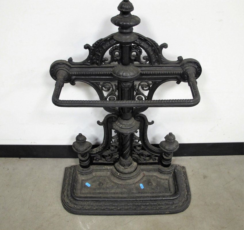 A Victorian style cast iron stick stand, elaborate pierced design to back and a lift out drip - Image 2 of 2