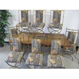 A contemporary mixed media dining table and chairs, the table having a rectangular hardwood top,